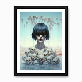 portrait of a woman surrounded by skulls illustration Art Print