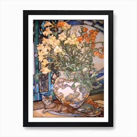 Freesia With A Cat 3 Art Nouveau Style Art Print