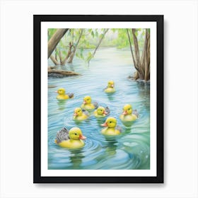 Ducklings Swimming In The River Pencil Illustration 3 Art Print