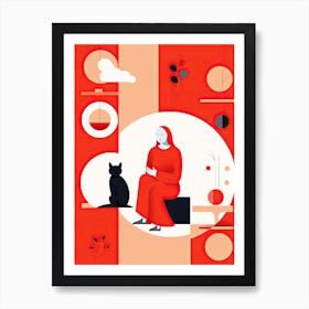 Red woman and black cat Art Print