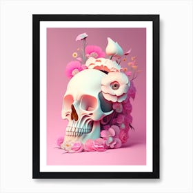 Skull With Surrealistic Elements 3 Pink Vintage Floral Art Print