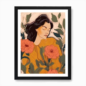 Woman With Autumnal Flowers Rose 2 Art Print