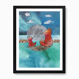 Watercolour Orange Foxes At Night Art Print