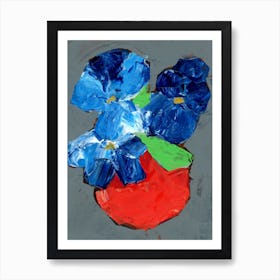 Blue Flowers In A Red Vase acrylic painting floral still life kitchen Art Print