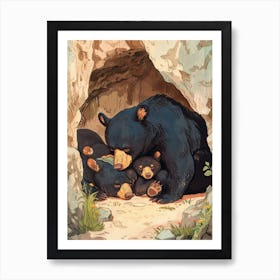American Black Bear Family Sleeping In A Cave Storybook Illustration 1 Art Print