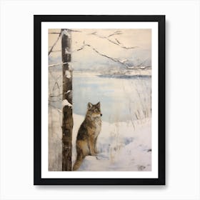 Vintage Winter Animal Painting Coyote 2 Art Print