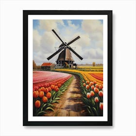 Colorful Tulips Flowers and Windmill Landscape Art Print