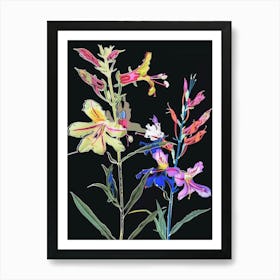 Neon Flowers On Black Larkspur 4 Art Print