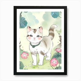 A Cute Anime Cat In A Forest With Flowers Art Print