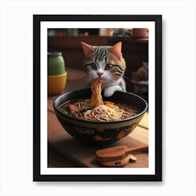 Funny Cat Eat Noodles Ramen Art Print