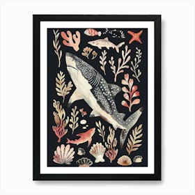 Whale Shark Seascape Black Background Illustration 4 Art Print