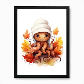 N Octopus Watercolour In Autumn Colours 2 Art Print