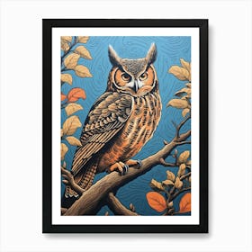 Vintage Bird Linocut Great Horned Owl 3 Art Print