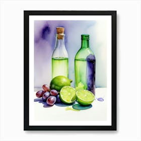 Lime and Grape near a bottle watercolor painting 2 Art Print