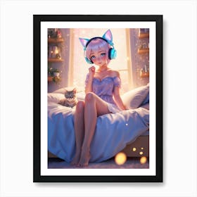 A cute anime girl with cat ears sits on a bed with her kitten. Her cosplay outfit is sexy and kawaii. The feline is a playful kitten, and the girl is a gamer lady. The room is cozy and inviting, with a warm glow. Art Print