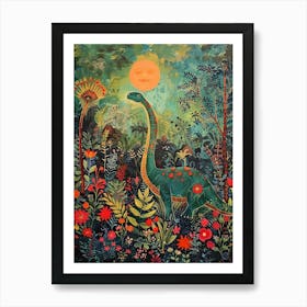 Dinosaur In Tropical Flowers Painting 3 Art Print