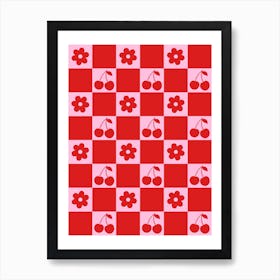 Cherry Flowers Pink and Red Checker Art Print