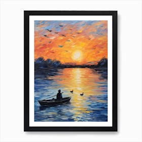 Ducklings In The Sunset With A Fishing Boat Impressionism Painting 2 Art Print