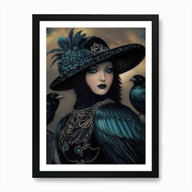 Dark Gothic Woman and Crow Art Print