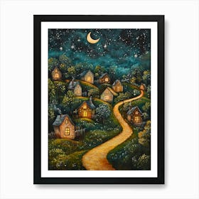 Village At Night With Stars and Moon In The Sky 2 Art Print