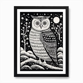 B&W Bird Linocut Snowy Owl 1 Art Print