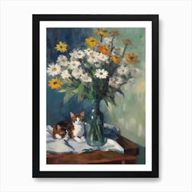 Flower Vase Daisies With A Cat 1 Impressionism, Cezanne Style Art Print