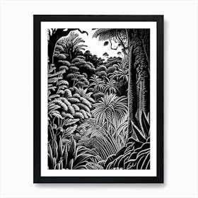 Royal Botanic Gardens, Kandy, Sri Lanka Linocut Black And White Vintage Art Print