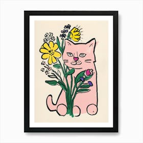 Cute Cat With Flowers Illustration 3 Art Print