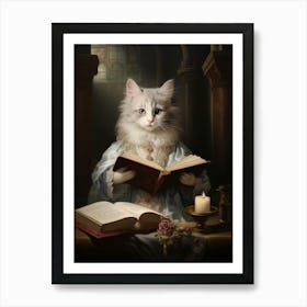 White & Grey Cat Reading A Book Art Print