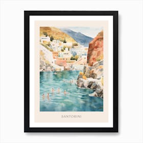 Swimming In Santorini Greece Watercolour Poster Poster