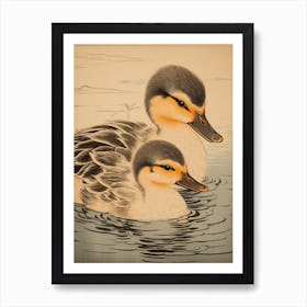 Japanese Woodblock Style Duckling Family 1 Art Print