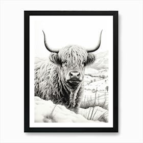 Snowing Highland Cow In Rolling Fields Art Print