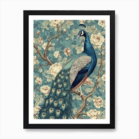 Blue & Cream Peacock Wallpaper Art Print