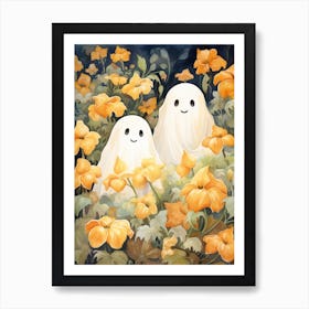 Cute Bedsheet Ghost, Botanical Halloween Watercolour 140 Art Print