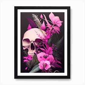 Skull With Abstract Elements 1 Pink Botanical Art Print