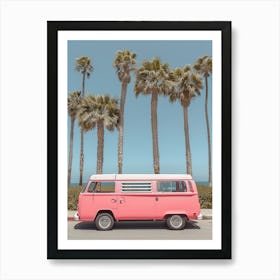 Pink Van Parked On The Beach Art Print