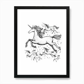 Unicorns Galloping Black & White Doodle Art Print