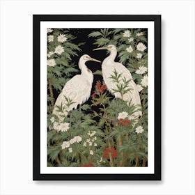 Green And White Cranes Vintage Japanese Botanical Art Print