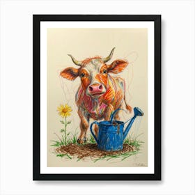 Cow With Watering Can Art Print