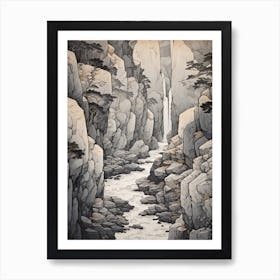 Shosenkyo Gorge In Yamanashi, Ukiyo E Black And White Line Art Drawing 4 Art Print