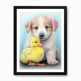 Duckling & A Puppy Illustration Art Print