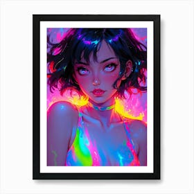 Trippy neon anime girl — a colorful psychedelic journey into a cyberpunk dreamscape, where kawaii charm meets erotic allure. Art Print