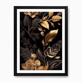 Flower Leaf Black and Gold Art Print