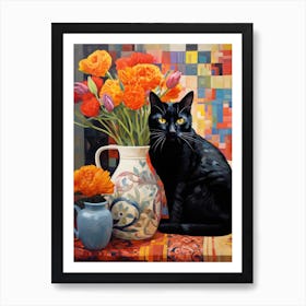 Black Cat With Flowers 4 Art Print