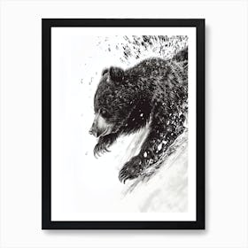 Malayan Sun Bear Cub Sliding Down A Snowy Hill Ink Illustration 1 Art Print