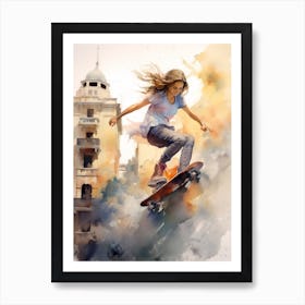 Girl Skateboarding In Buenos Aires, Argentina Watercolour 2 Art Print