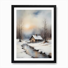 Rustic Winter Oil Painting Vintage Cottage (13) Art Print