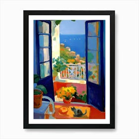 Open Window With Cat Matisse Style Amalfi Coast Art Print