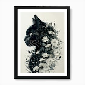 Black Cat With Flowers Art Print