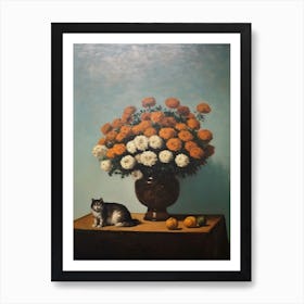 Painting Of A Still Life Of A Chrysanthemums With A Cat, Realism 2 Art Print